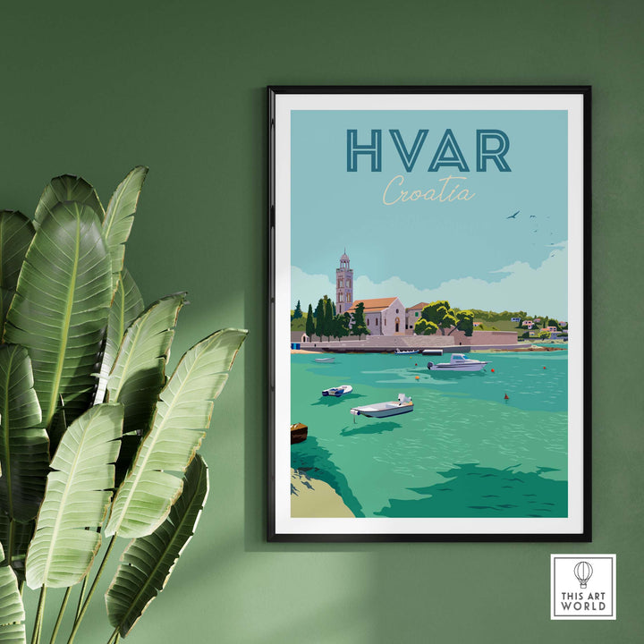 Hvar Croatia vintage travel poster art print showcasing boats in tranquil waters with lush greenery.