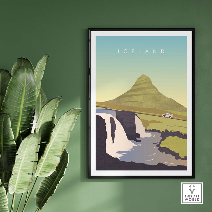 Iceland Print Wall Art Poster featuring landscapes, waterfalls, and a mountain, perfect for home decor.
