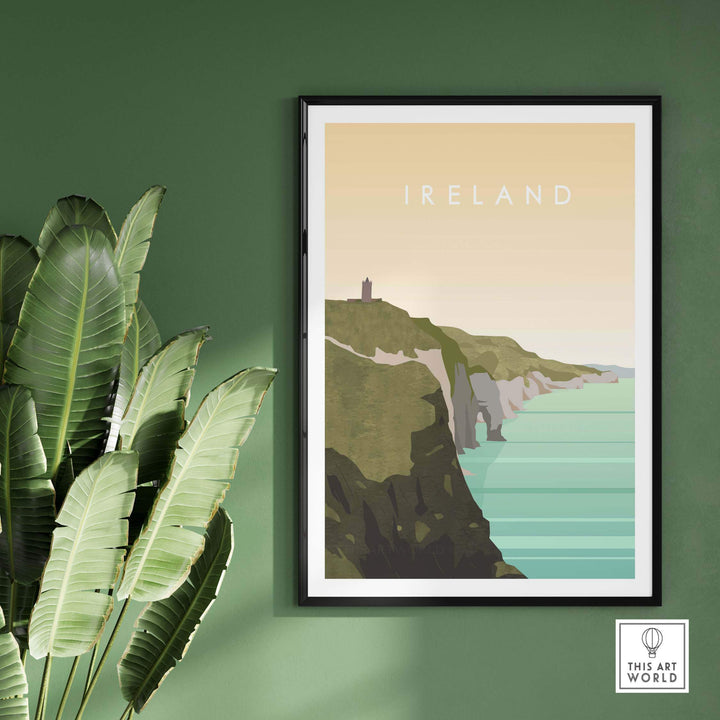Ireland Print | Wall Art Travel Poster featuring coastal cliffs and serene waters, framed for stylish home decor.