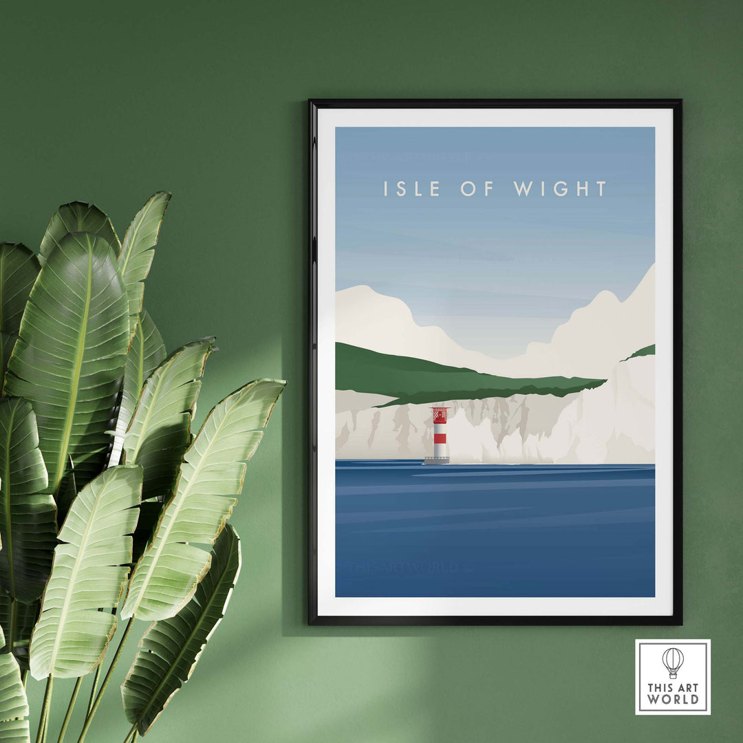 Isle of Wight wall art poster framed, featuring cliffs and lighthouse, perfect for home or office decor.