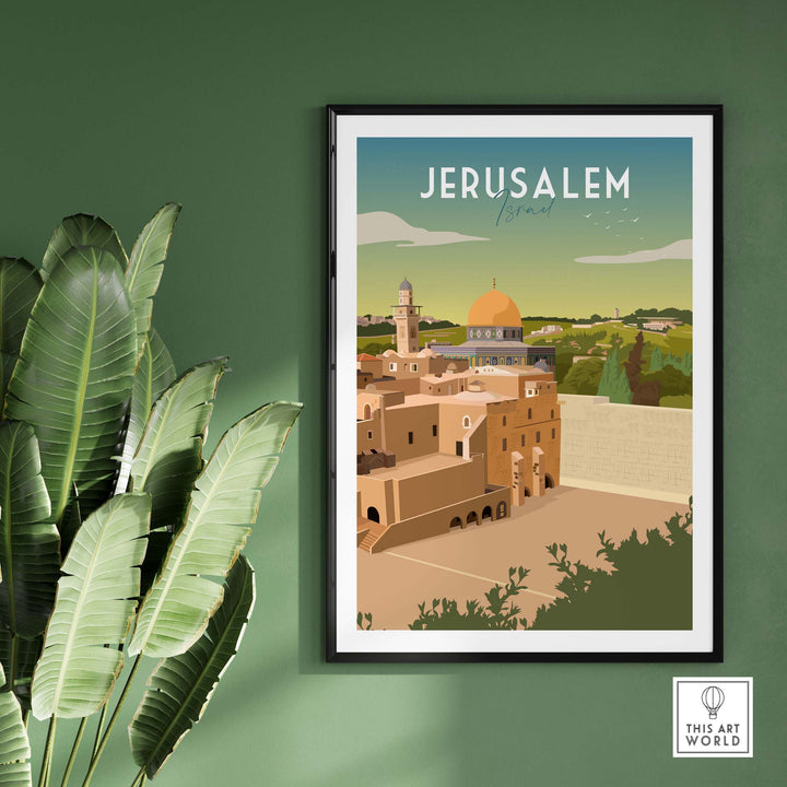 Jerusalem travel poster print in minimalist style, framed artwork showcasing the city's iconic skyline and greenery.