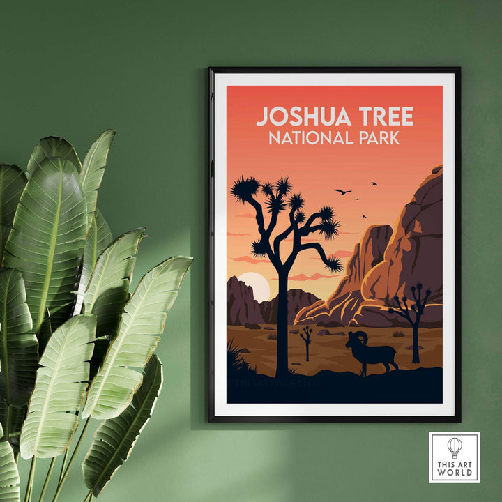 Joshua Tree National Park poster showcasing minimalist design with desert elements and vibrant sunset colors.