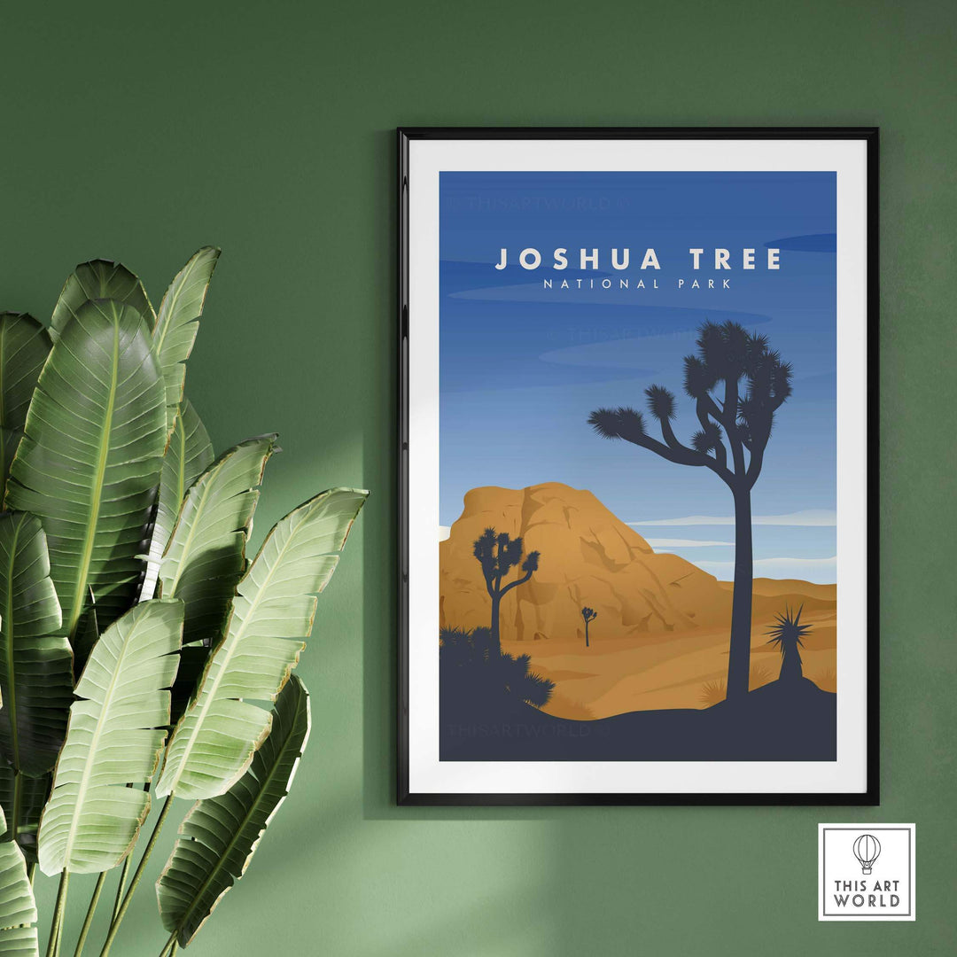Joshua Tree National Park art print framed on a wall, showcasing desert landscape and vintage travel poster style.
