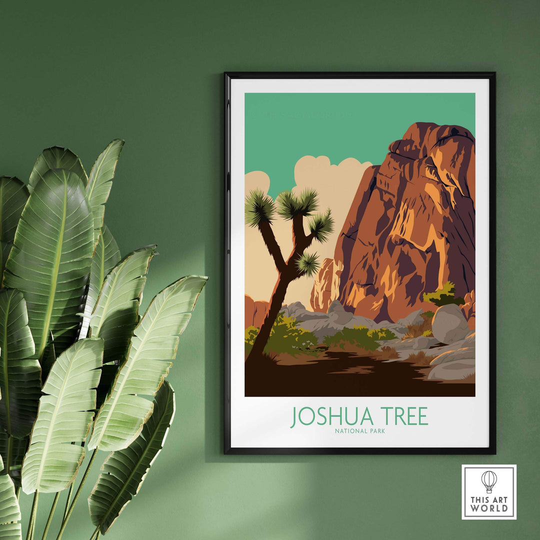 Joshua Tree Poster Print on a green wall, showcasing vibrant colors and vintage National Park design.