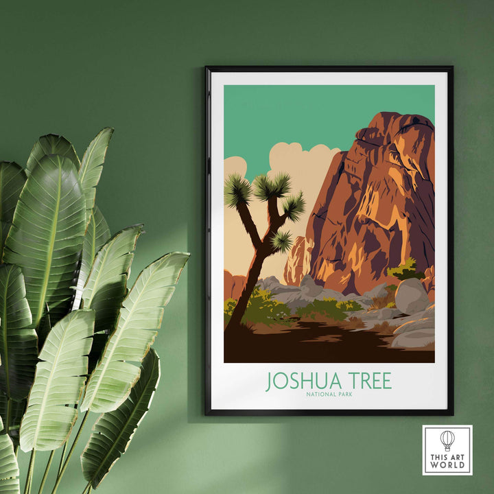 Joshua Tree Poster Print on a green wall, showcasing vibrant colors and vintage National Park design.