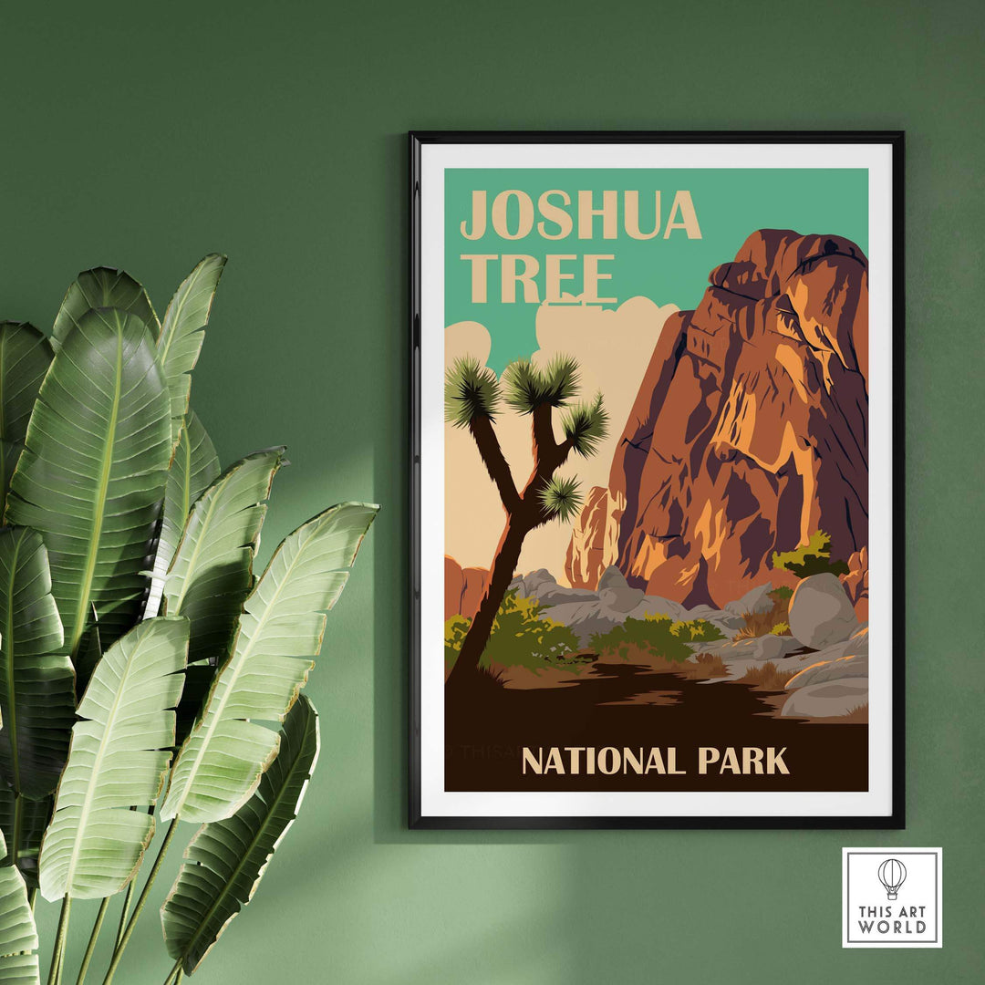 Vibrant Joshua Tree National Park print featuring iconic landscape and palm trees, perfect for home or office decor.