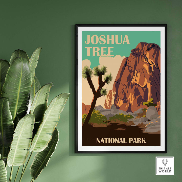 Vibrant Joshua Tree National Park print featuring iconic landscape and palm trees, perfect for home or office decor.