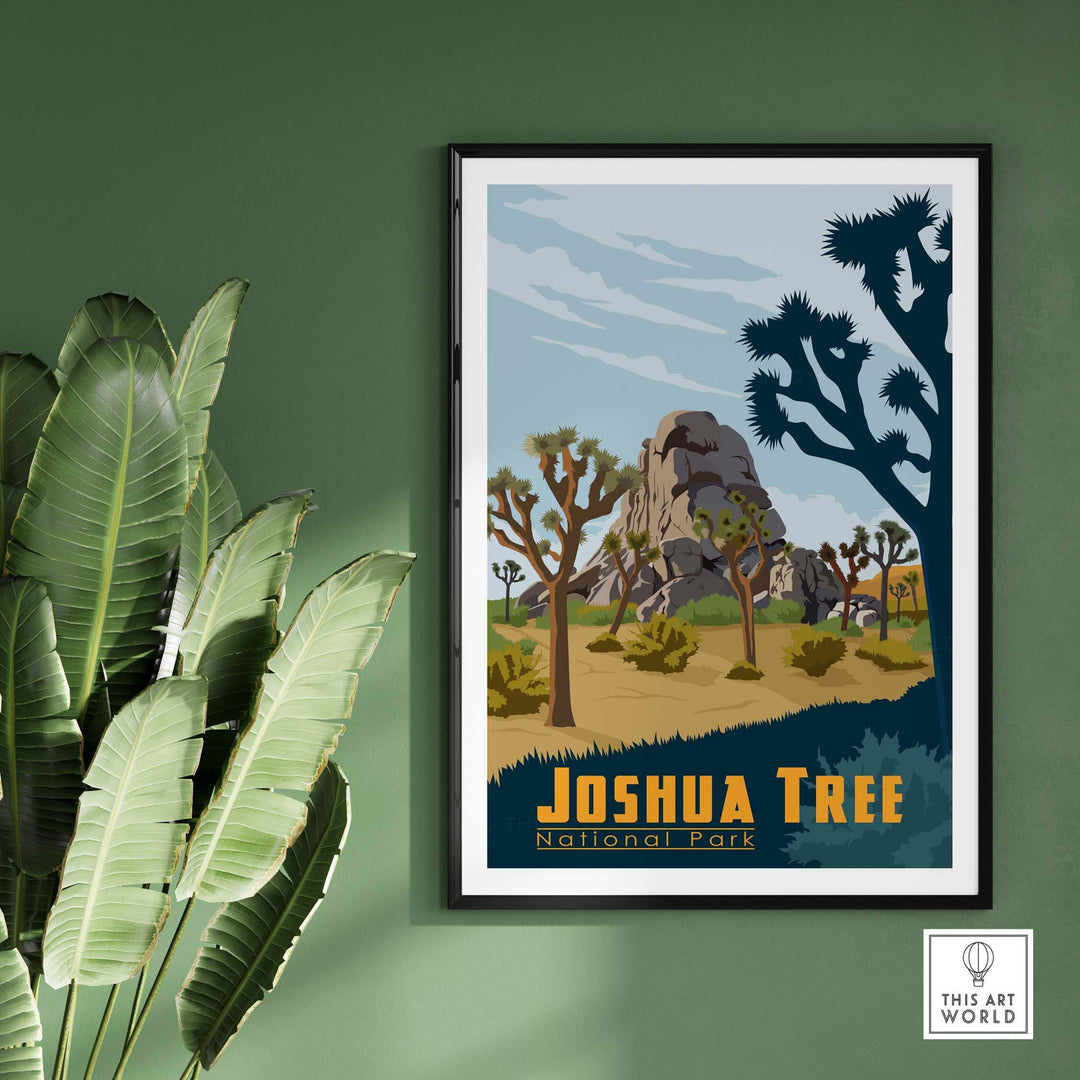 Joshua Tree National Park poster featuring desert landscape and iconic trees, framed on a green wall.
