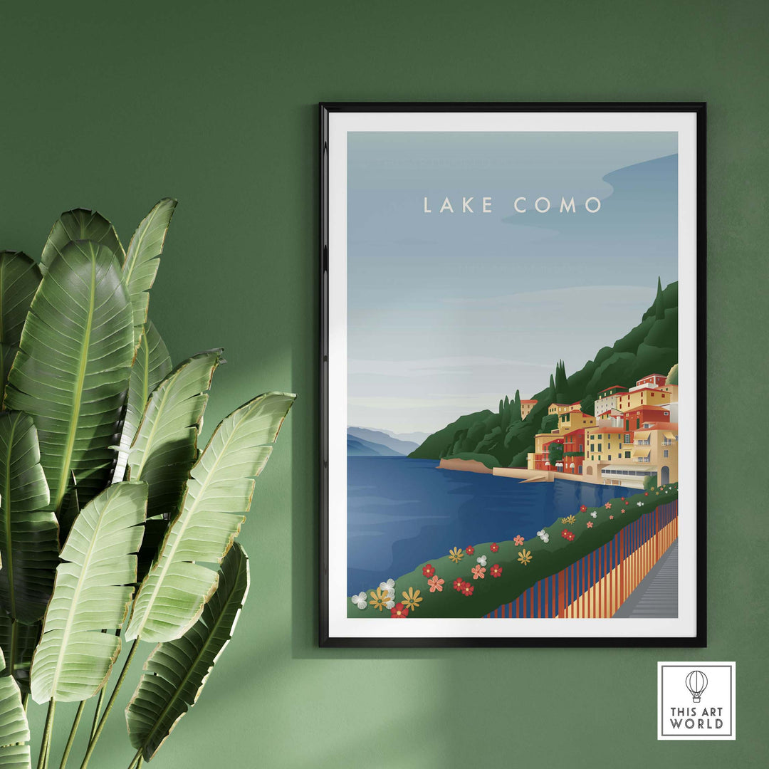 Lake Como wall art poster showcasing a vibrant landscape of the lake and village, perfect for home or office decor.
