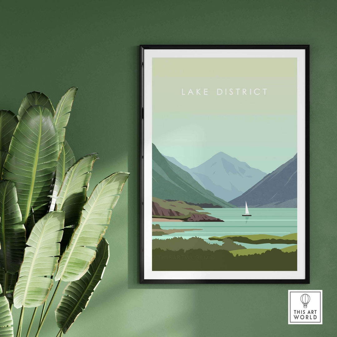 Lake District Print Wall Art Poster framed on green wall with plants, inspired by vintage travel art.
