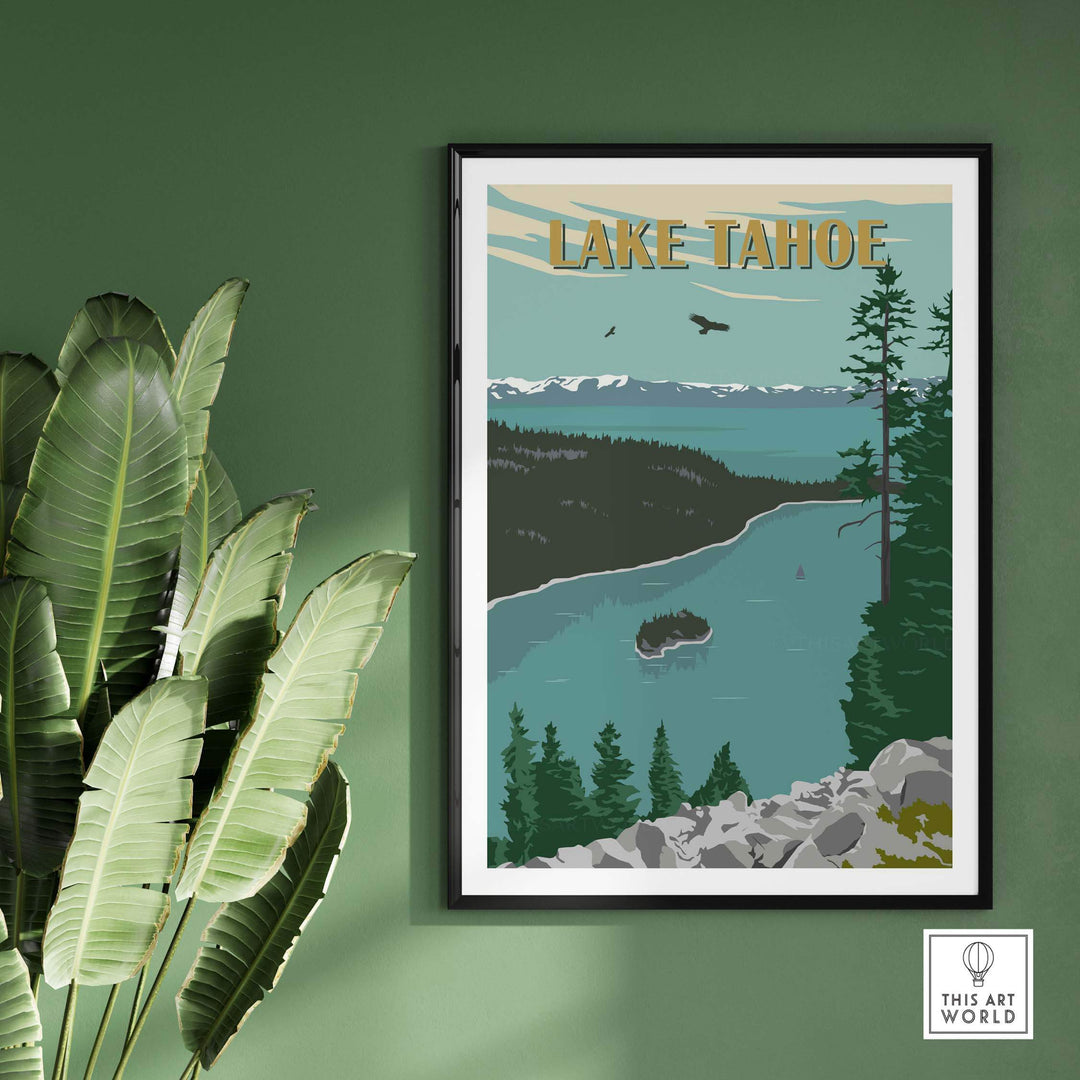 Lake Tahoe Vintage Print showcasing stunning nature scenery and framed art, perfect for home decor.