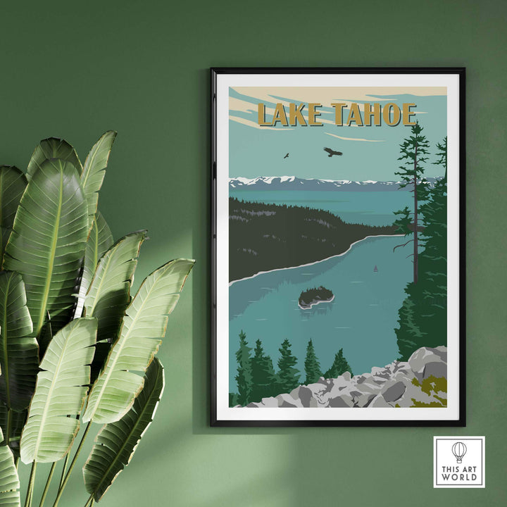 Lake Tahoe Vintage Print showcasing stunning nature scenery and framed art, perfect for home decor.