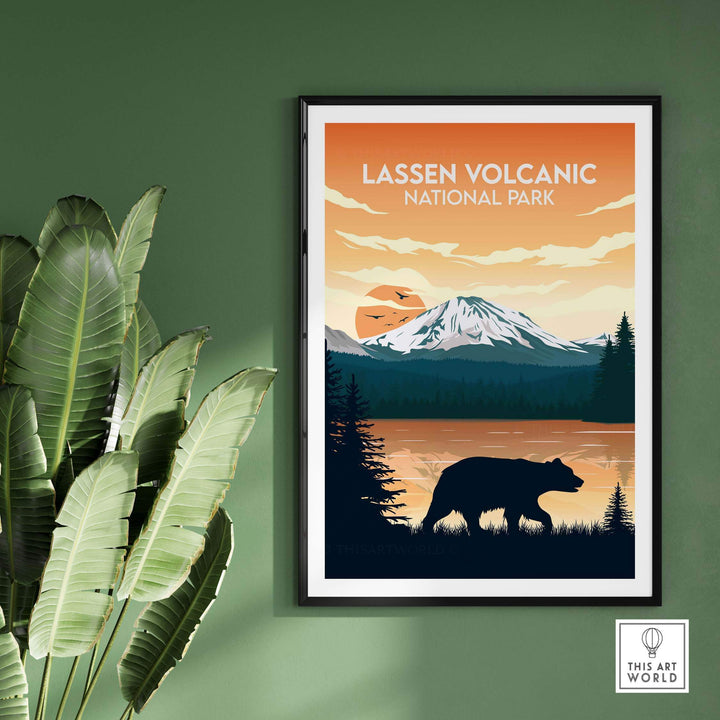 Lassen Volcanic National Park poster featuring a bear silhouette and colorful mountain scenery.