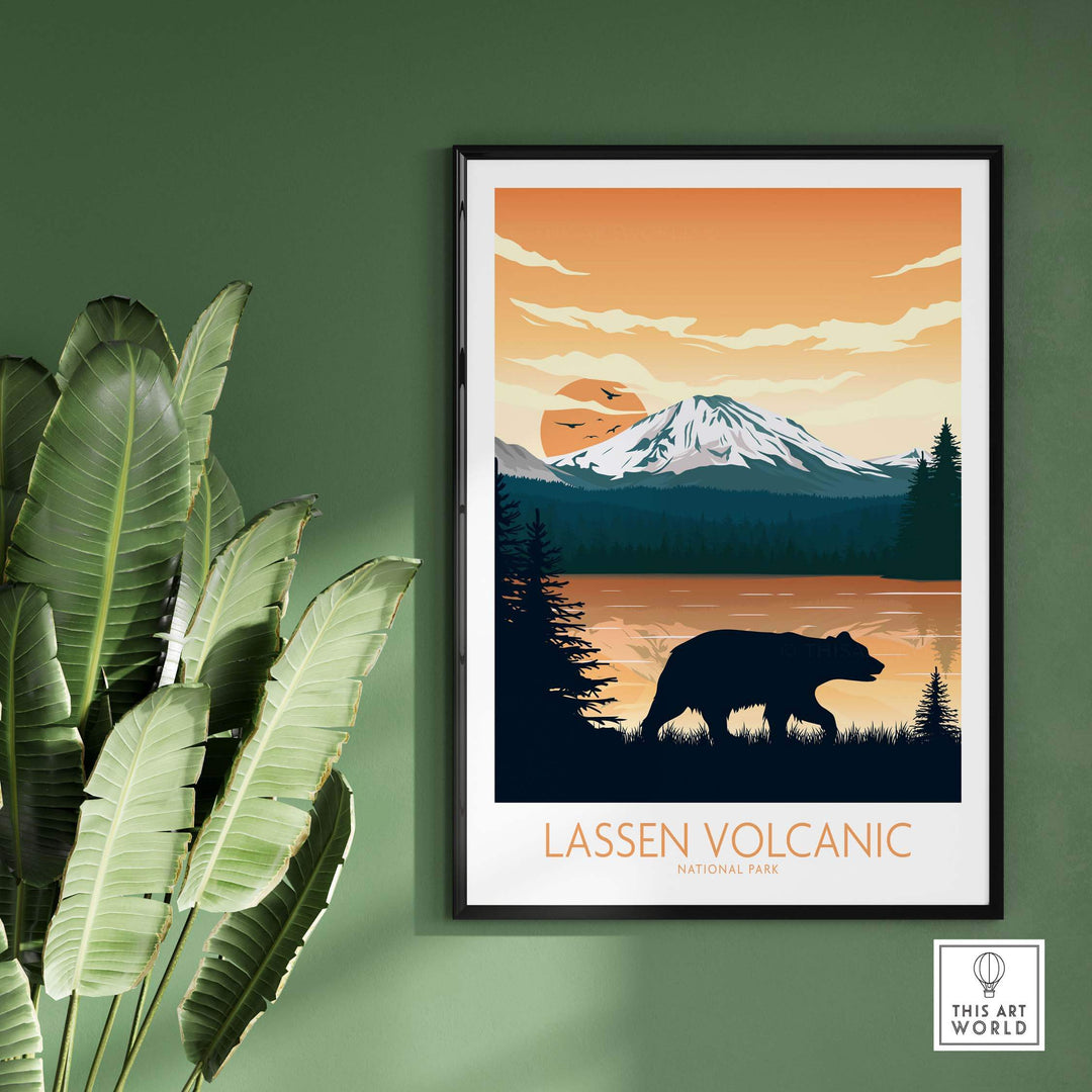 Lassen Volcanic National Park poster featuring bear silhouette and sunset mountains, perfect for nature-themed decor.