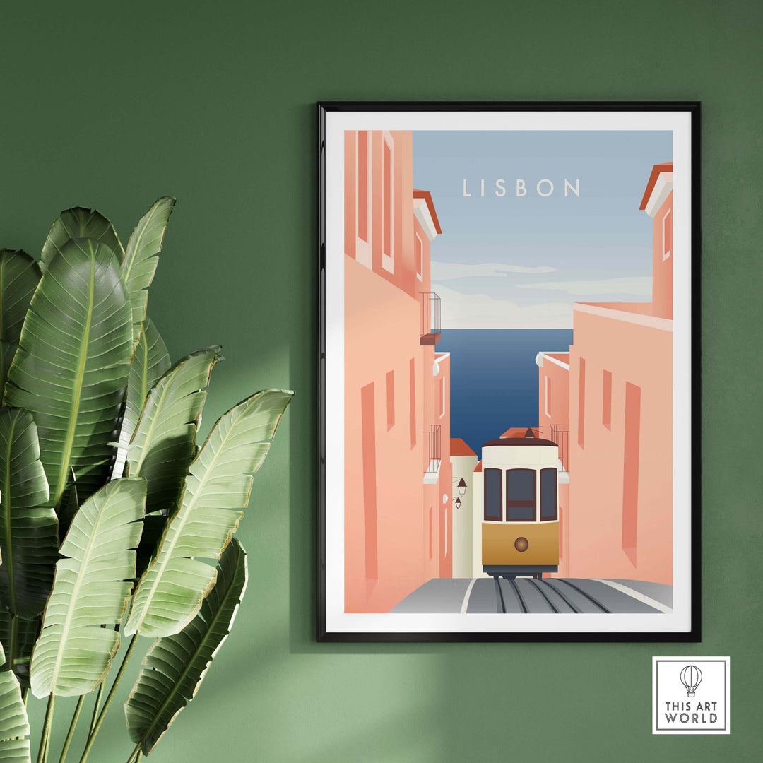 Lisbon wall art poster featuring a charming view of a vintage tram in a scenic city street.
