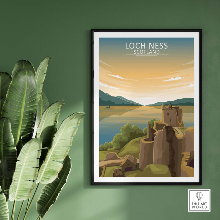Loch Ness Scotland wall art print with vintage style landscape, perfect for travel-inspired home decor.