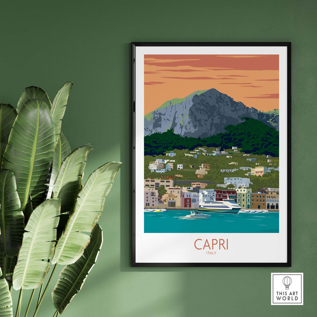 Capri Print Italy travel poster featuring a scenic view of Capri and its coastline, framed artwork on a green wall.