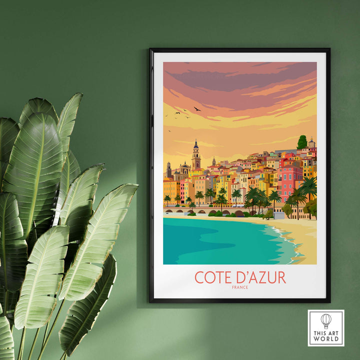 Cote d'Azur travel poster featuring colorful homes and beach scene, framed for stylish wall art.