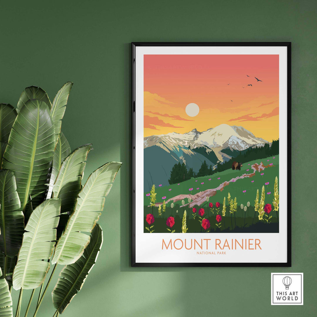 Mount Rainier National Park poster art print framed on a green wall with vibrant colors and mountain scenery.