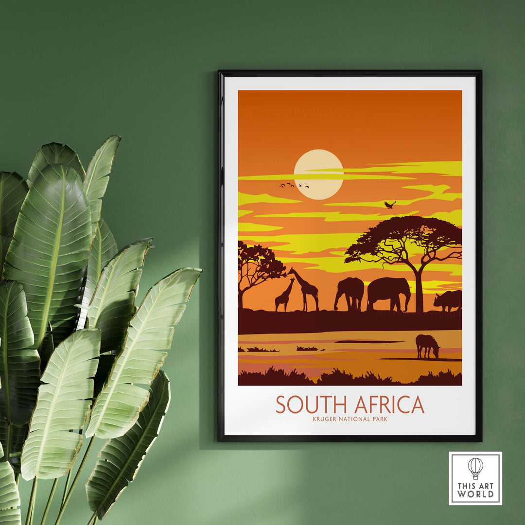 South Africa print of Kruger National Park showcasing sunset with elephants and giraffe in a minimalist design.