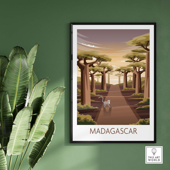 Madagascar poster showcasing a scenic pathway through baobab trees, perfect for travel and home decor.