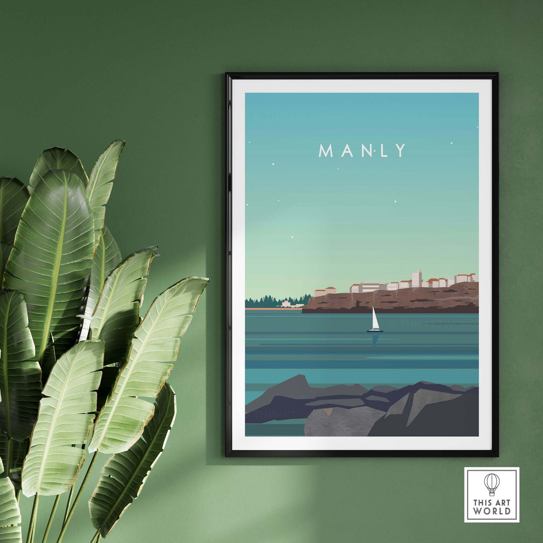 Manly Australia poster print featuring coastal scenery and sailboat, perfect for travel-inspired home decor.