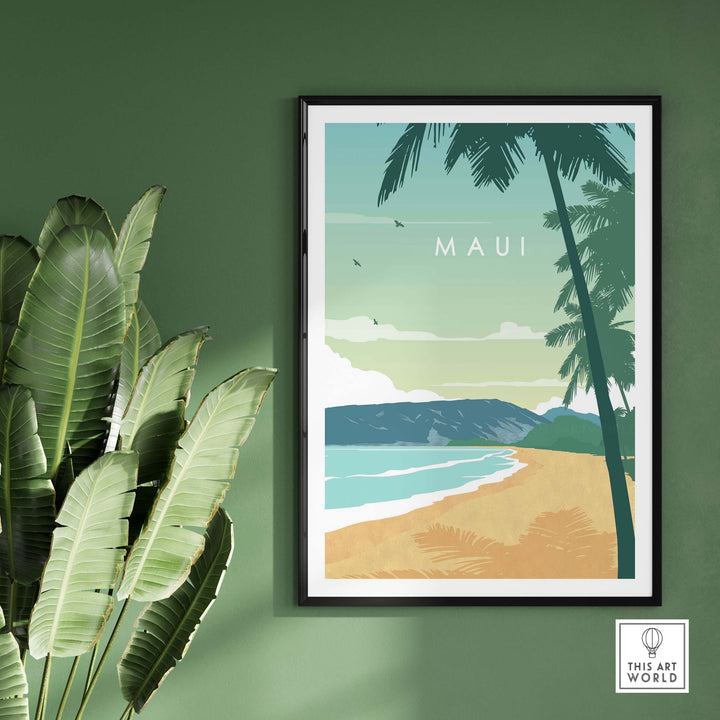 Maui Print Wall Art Poster featuring a serene beach scene and palm trees, perfect for a calming home decor accent.