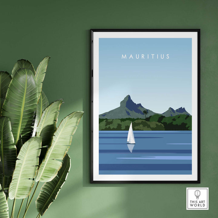 Mauritius travel poster print featuring serene landscape and sailboat in minimalist style, perfect for home decor.
