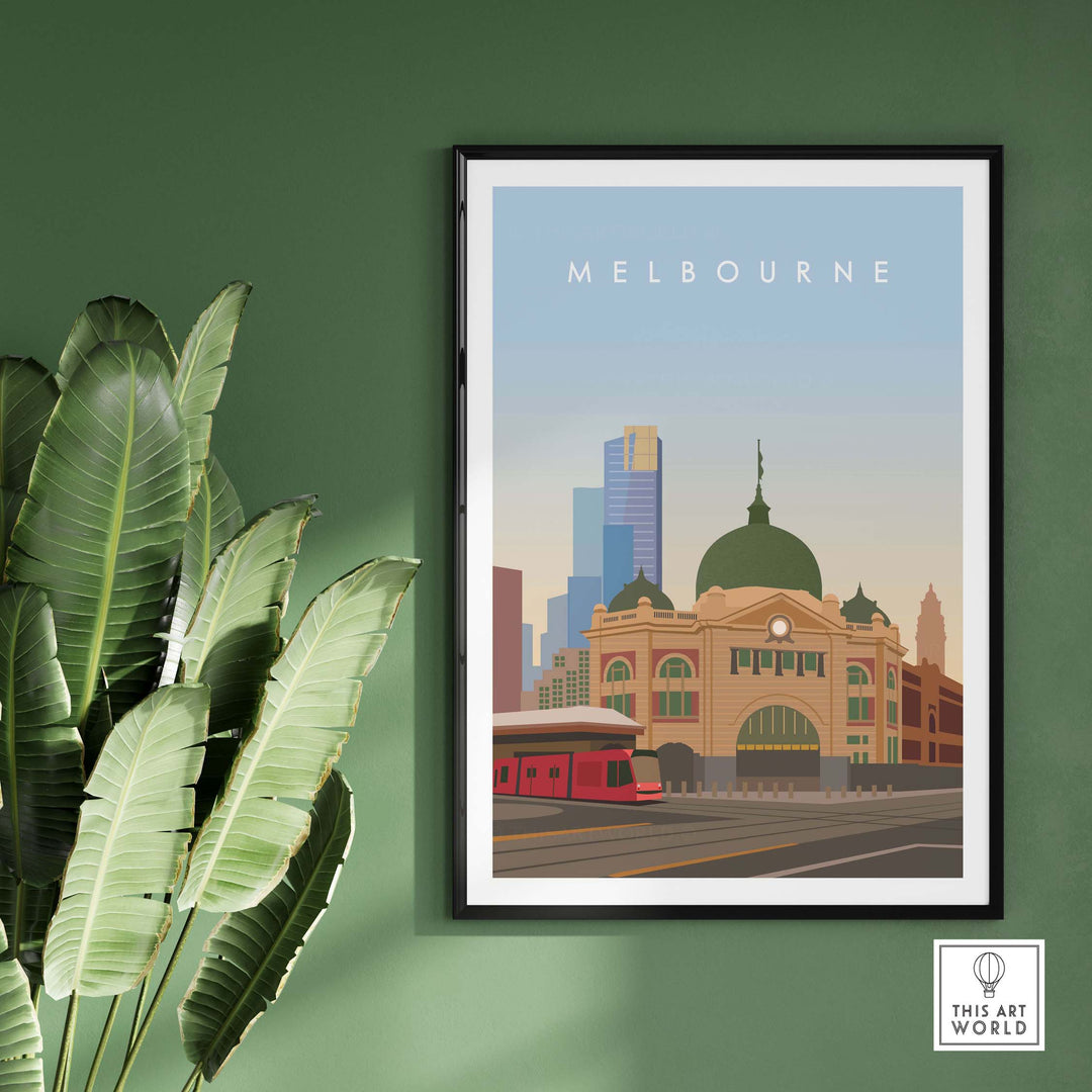Melbourne Wall Art Print featuring the iconic Flinders Street Station and skyline in a minimalist design.