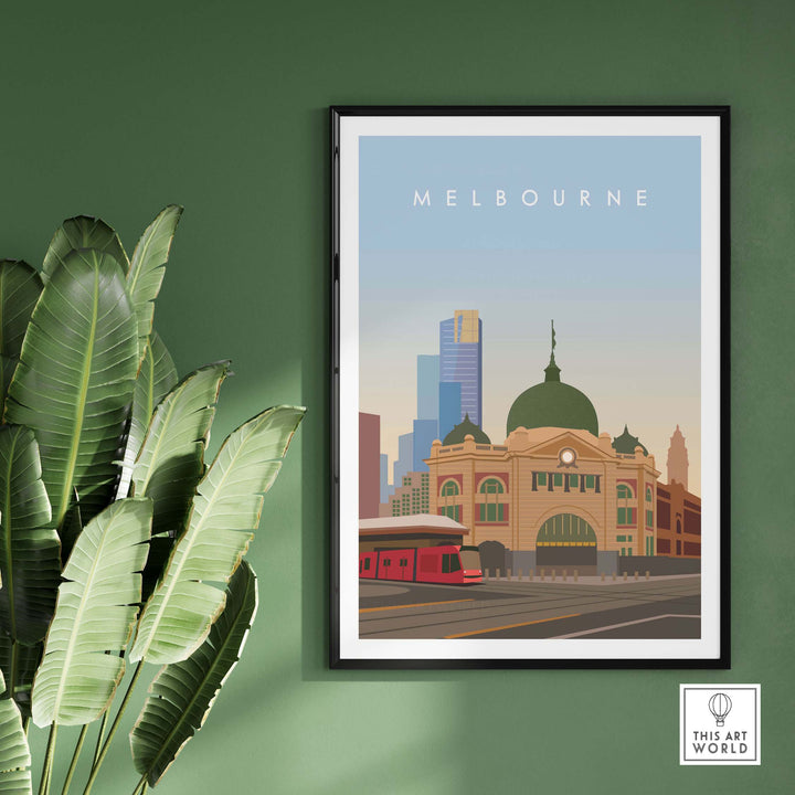 Melbourne Wall Art Print featuring the iconic Flinders Street Station and skyline in a minimalist design.