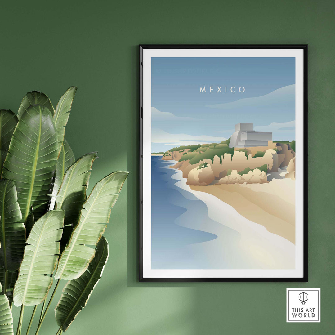 Mexico Wall Art Poster featuring a minimalist coastal scene, framed and displayed on a green wall with a plant.