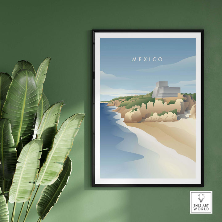 Mexico Wall Art Poster featuring a minimalist coastal scene, framed and displayed on a green wall with a plant.