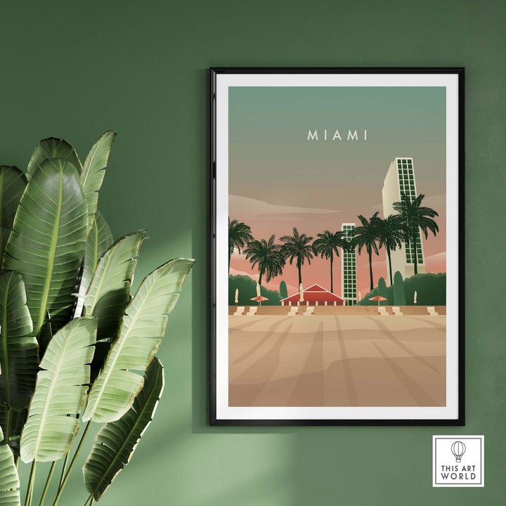 Miami print wall art poster featuring palm trees and vintage architecture against a pastel background.