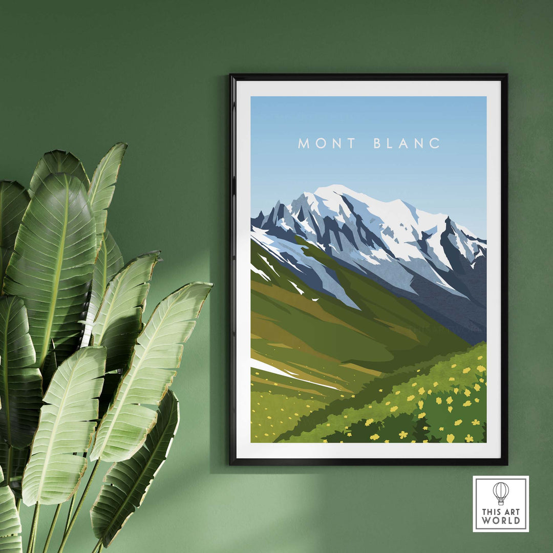 Mont Blanc travel poster print with mountains and greenery, framed on a green wall, by This Art World.
