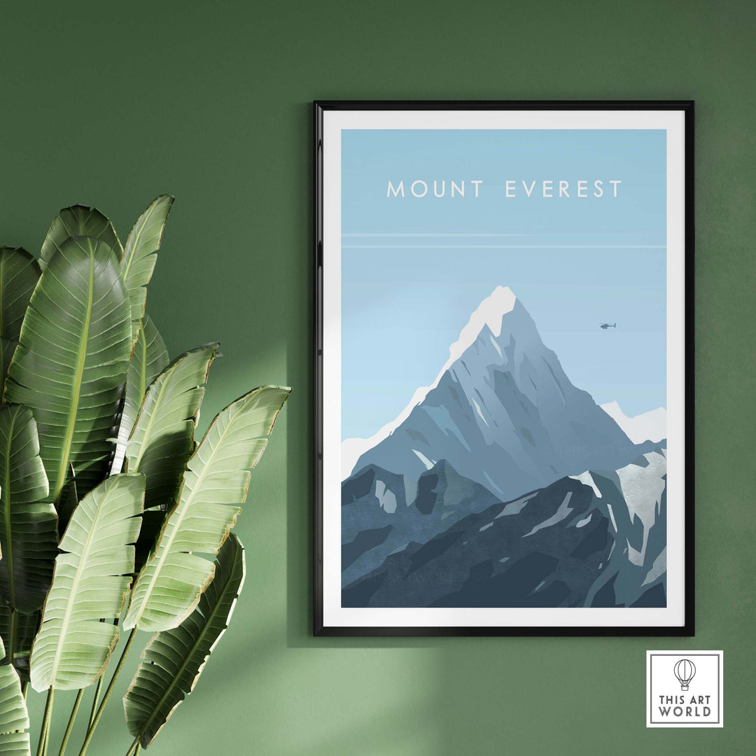 Mount Everest poster featuring a vintage design, perfect for travel enthusiasts, displayed in a stylish home setting.