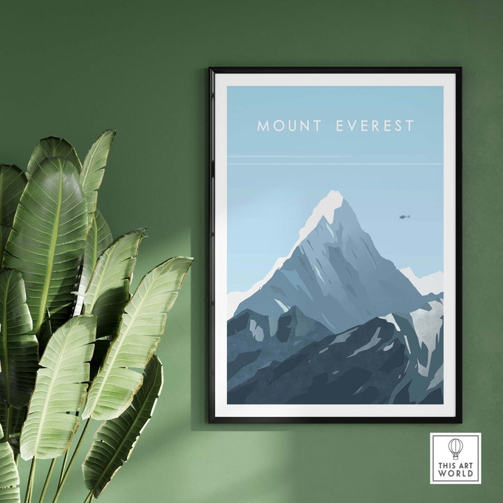 Mount Everest poster featuring a vintage design, perfect for travel enthusiasts, displayed in a stylish home setting.