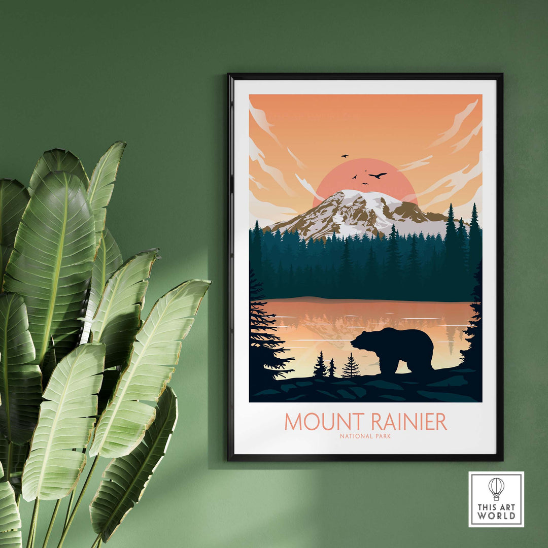 Mount Rainier National Park poster showcasing a bear silhouette with sunset and mountains, perfect for home decor.