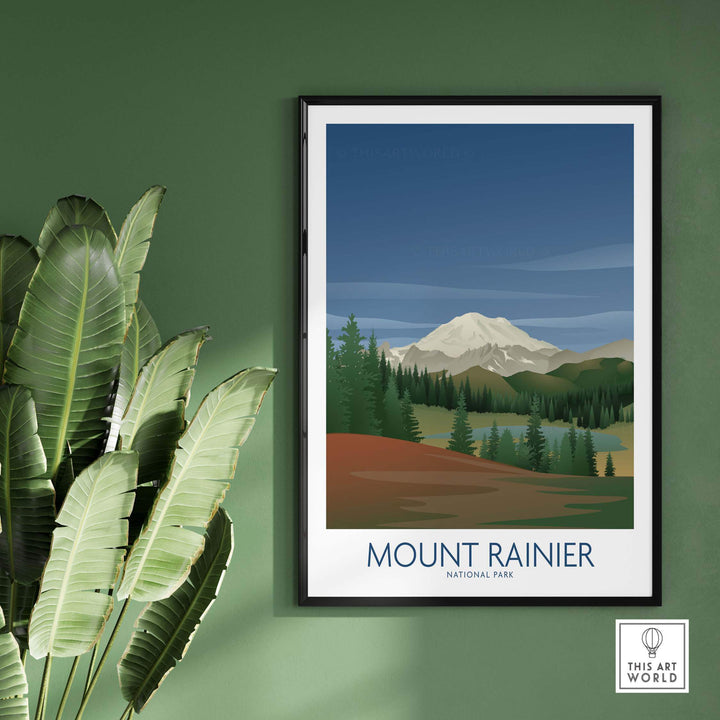Mount Rainier National Park art print showcasing mountains and trees in a minimalist design for stylish home decor.