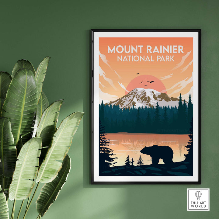 Mount Rainier National Park print, minimalist art featuring mountain, bear, and sunset, perfect for home decor.