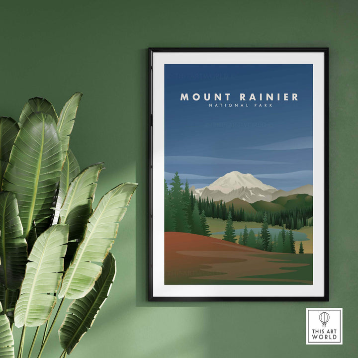Framed Mount Rainier National Park art print featuring scenic mountains and forests in a modern decor setting.