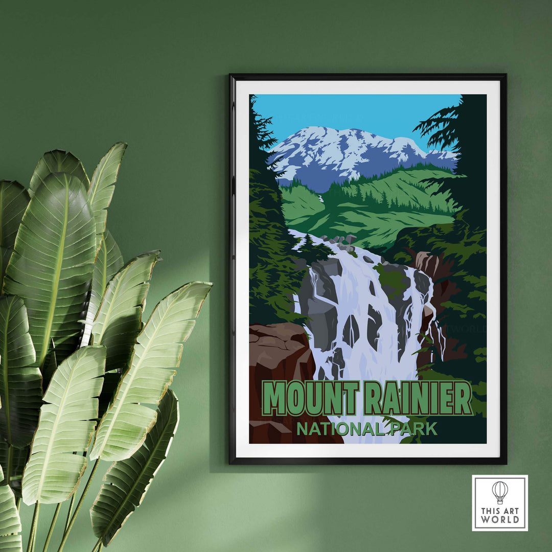 Mount Rainier National Park vintage print showcasing a waterfall and mountains, perfect for home or office decor.