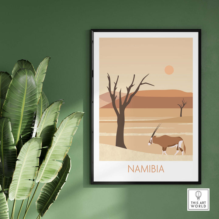 Namibia travel poster print featuring desert landscape and antelope, perfect for wall art decor.