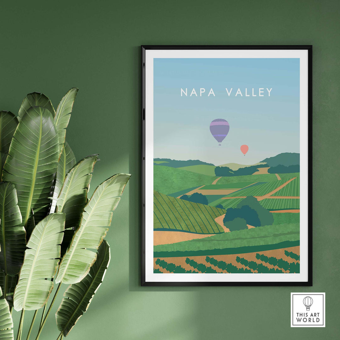 Napa Valley print wall art poster featuring vineyards and hot air balloons in a stylish frame on a green wall.