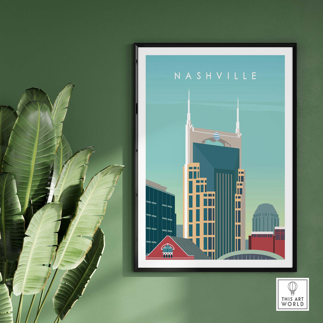 Framed Nashville Art Print showcasing iconic skyline, perfect for home or office decor.