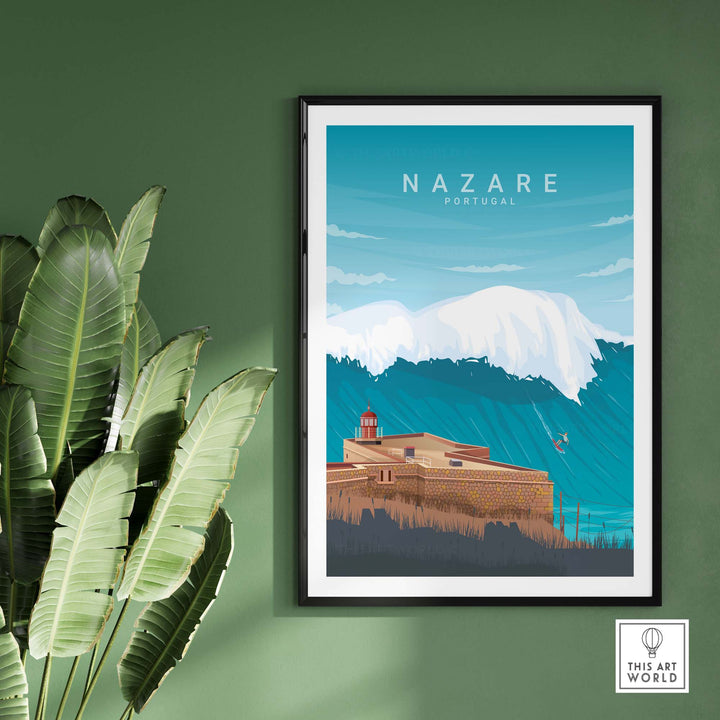 Nazare Travel Poster Print showcasing a scenic view of Portugal's coastline and traditional architecture.