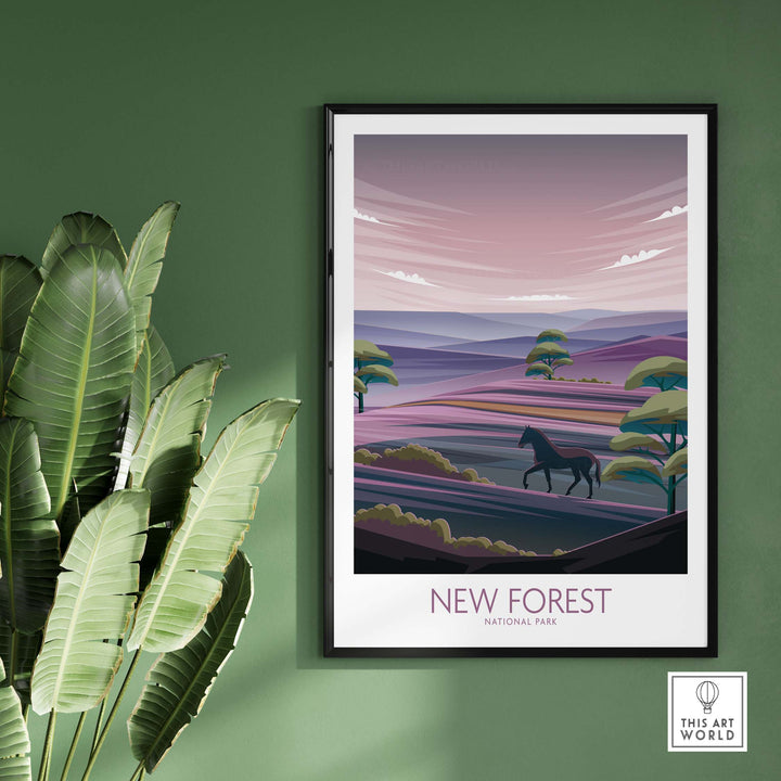New Forest National Park art print showcasing a horse in a minimalist landscape, perfect for home or office decor.