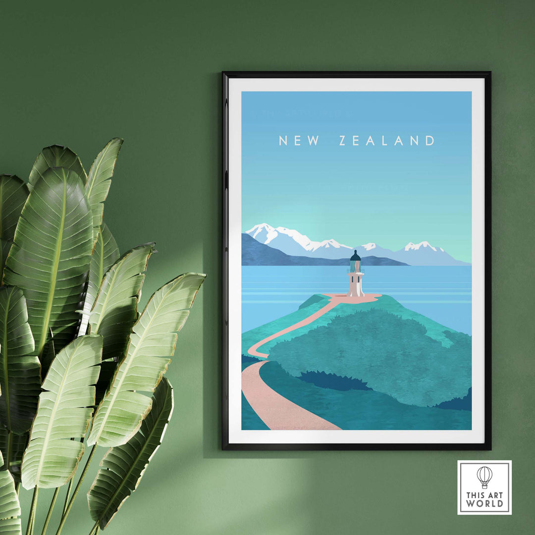 New Zealand print wall art poster featuring a scenic landscape with mountains and coast, perfect for home decor.