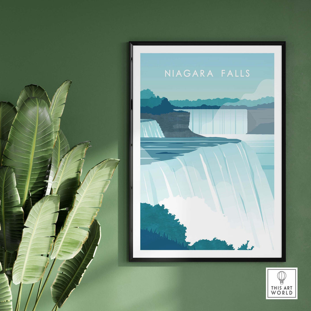 Niagara Falls Print Wall Art Poster in a modern frame, showcasing vintage-inspired travel art against a green wall.