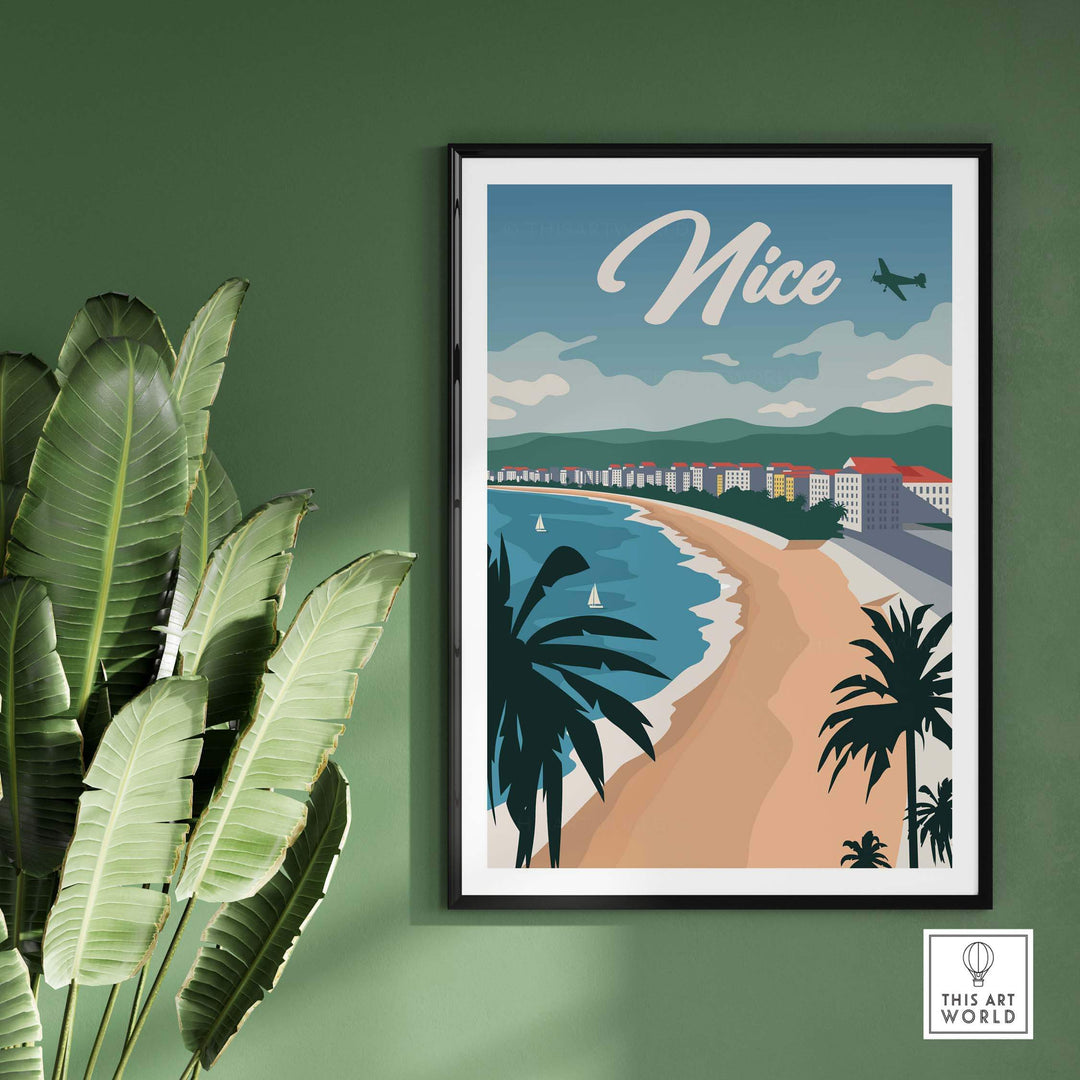 Nice France poster wall art print featuring a beach scene, palm trees, and vibrant colors.