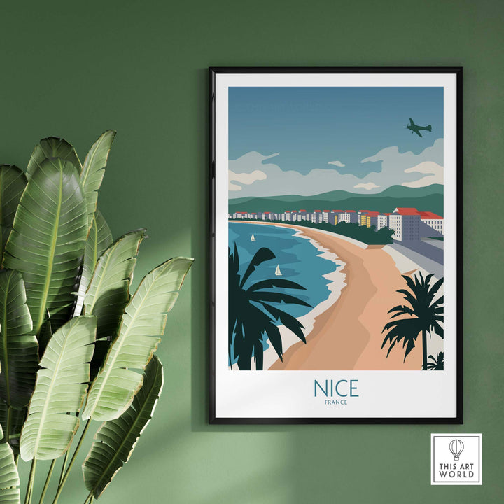 Nice France travel poster featuring a beach view with palm trees and mountains, framed on a green wall.
